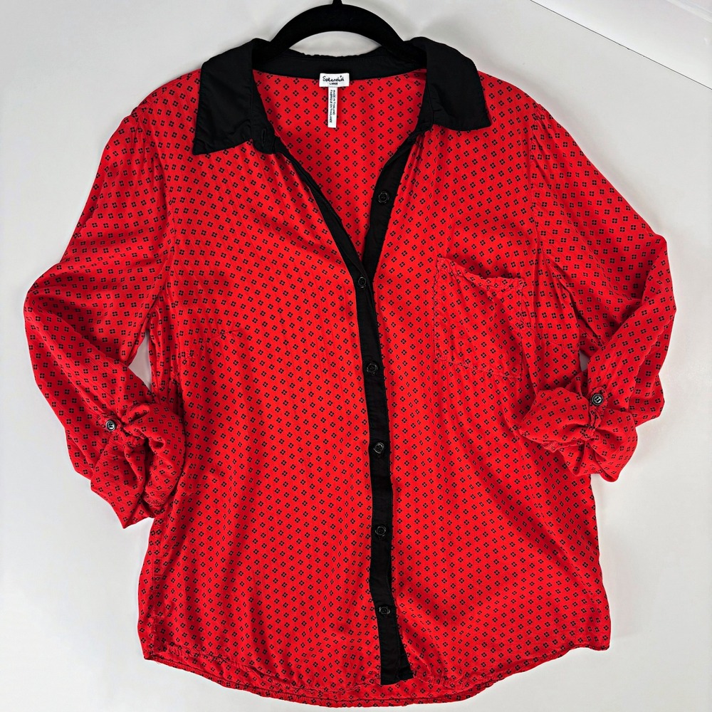 Splendid Red Black Geometric Print Blouse L Rayon Roll-Tab 80s Retro Office Chic